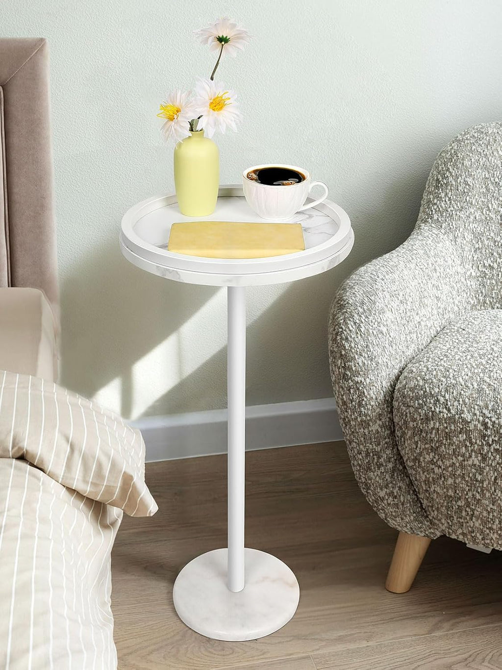 Shinoske Drink Table Set of 2,Small Round Side Table with White Marble Base,Modern Martini Pedestal Side Table for Small Spaces,Living Room,Bedroom,Balcony