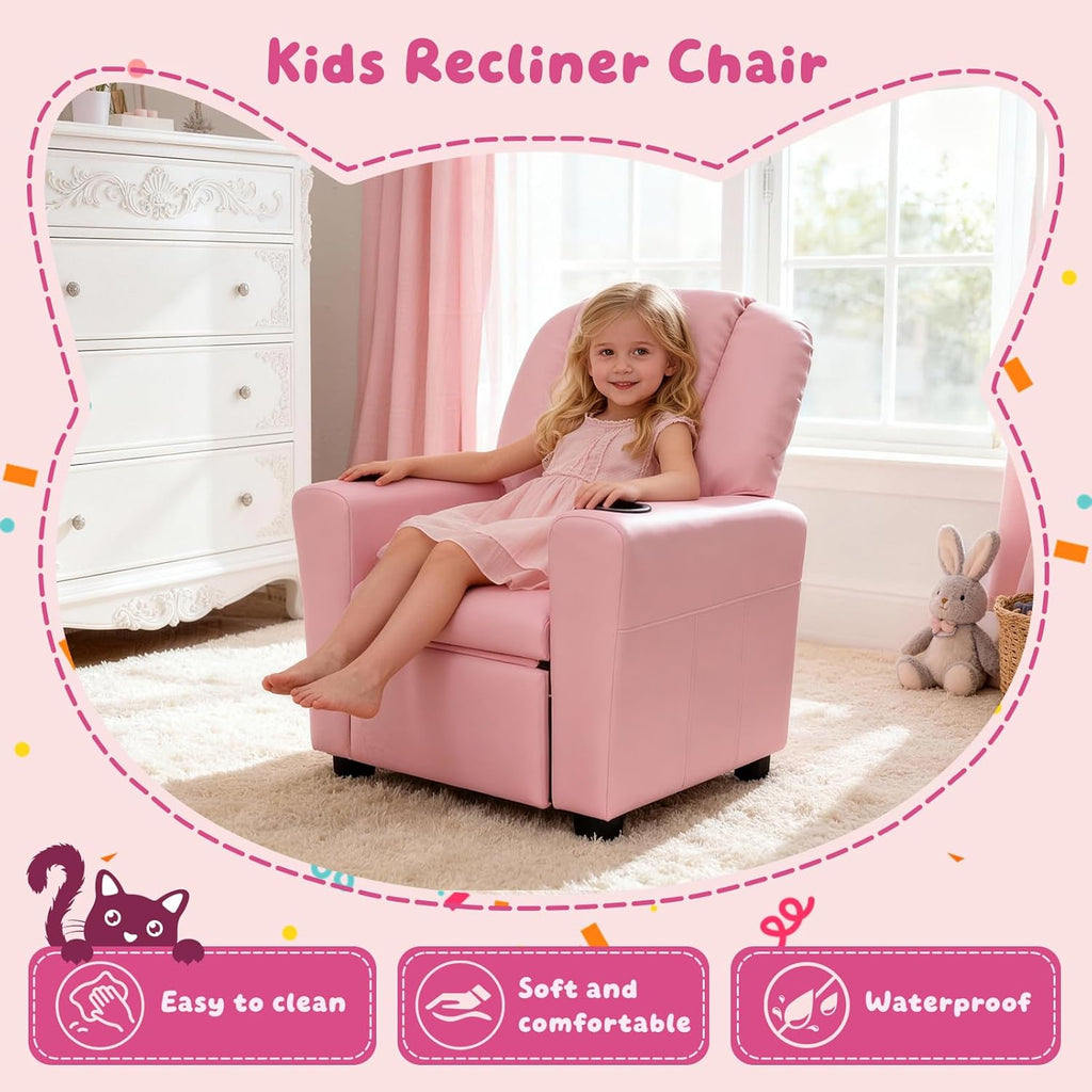 Kids Recliner with Cup Holder, PU Leather Toddler Recliner for Kids Age 1-4 w/Backrest & Footrest, Children’s Lounge Chair for Boys & Girls, Small Recliner for Bedroom Playroom Living Room (Pink)