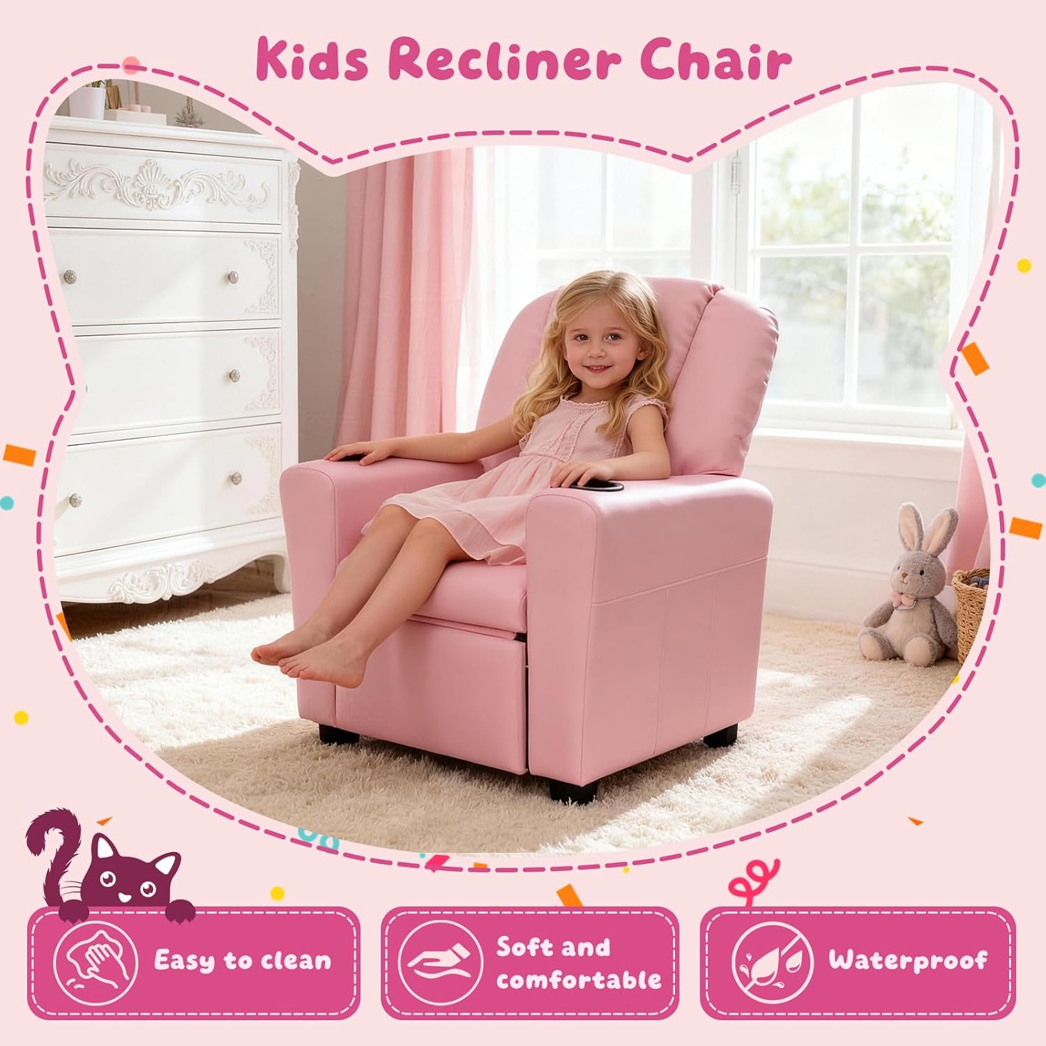 Kids Recliner with Cup Holder, PU Leather Toddler Recliner for Kids Age 1-4 w/Backrest & Footrest, Children’s Lounge Chair for Boys & Girls, Small Recliner for Bedroom Playroom Living Room (Pink)