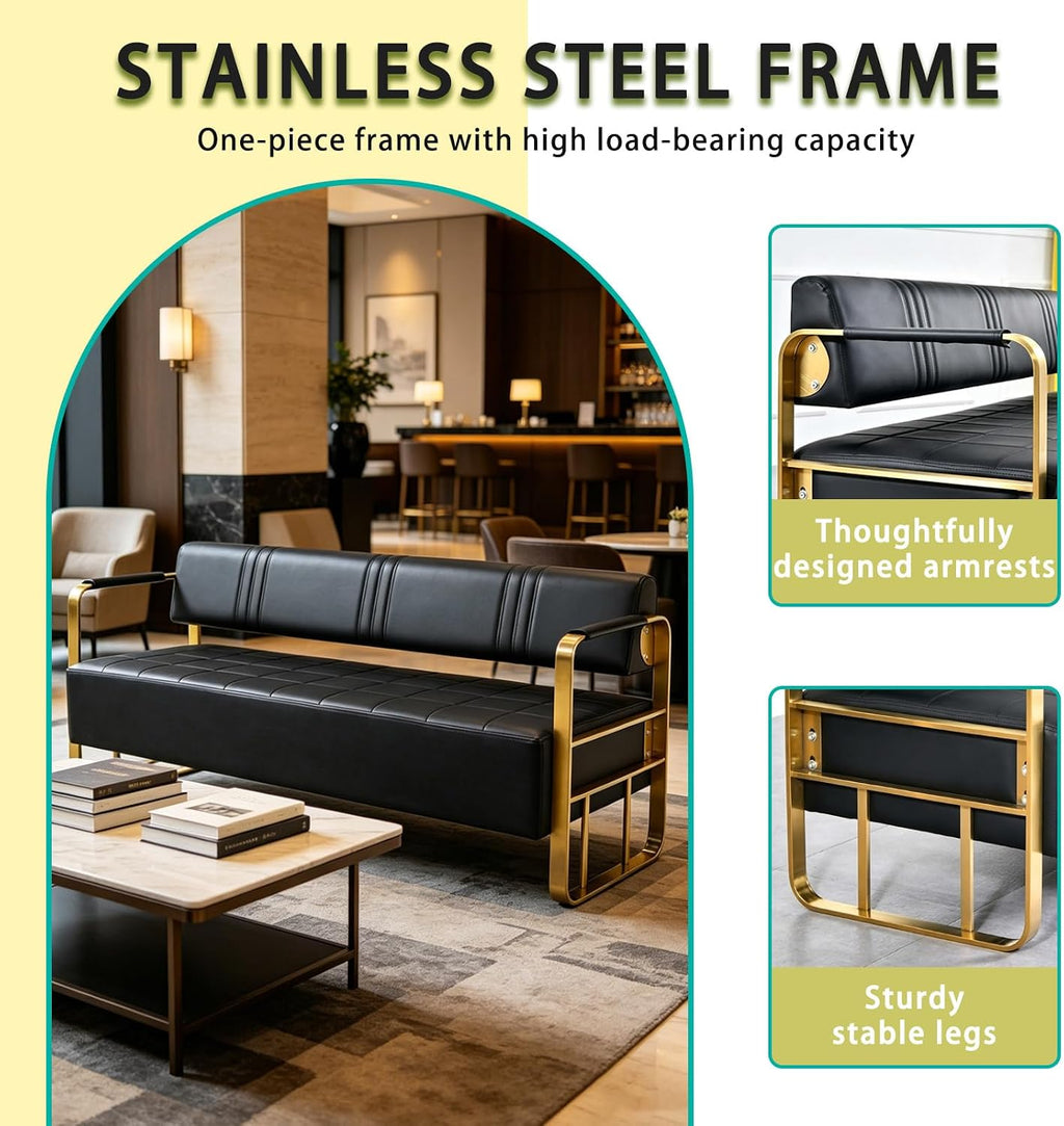 Waiting Room Bench with Backrest, Faux Leather Upholstered Reception Bench & Stainless Steel Frame - for Hair Salons, Offices, and Hotels