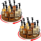 2 Pcs 9 Bottles Rotating Coffee Syrup Organizer, Large S Syrup Rack Carbon Steel Frame with Wooden Base Bottle Holder Stand for Coffee Bar Station, Turntable Wine Display Tray