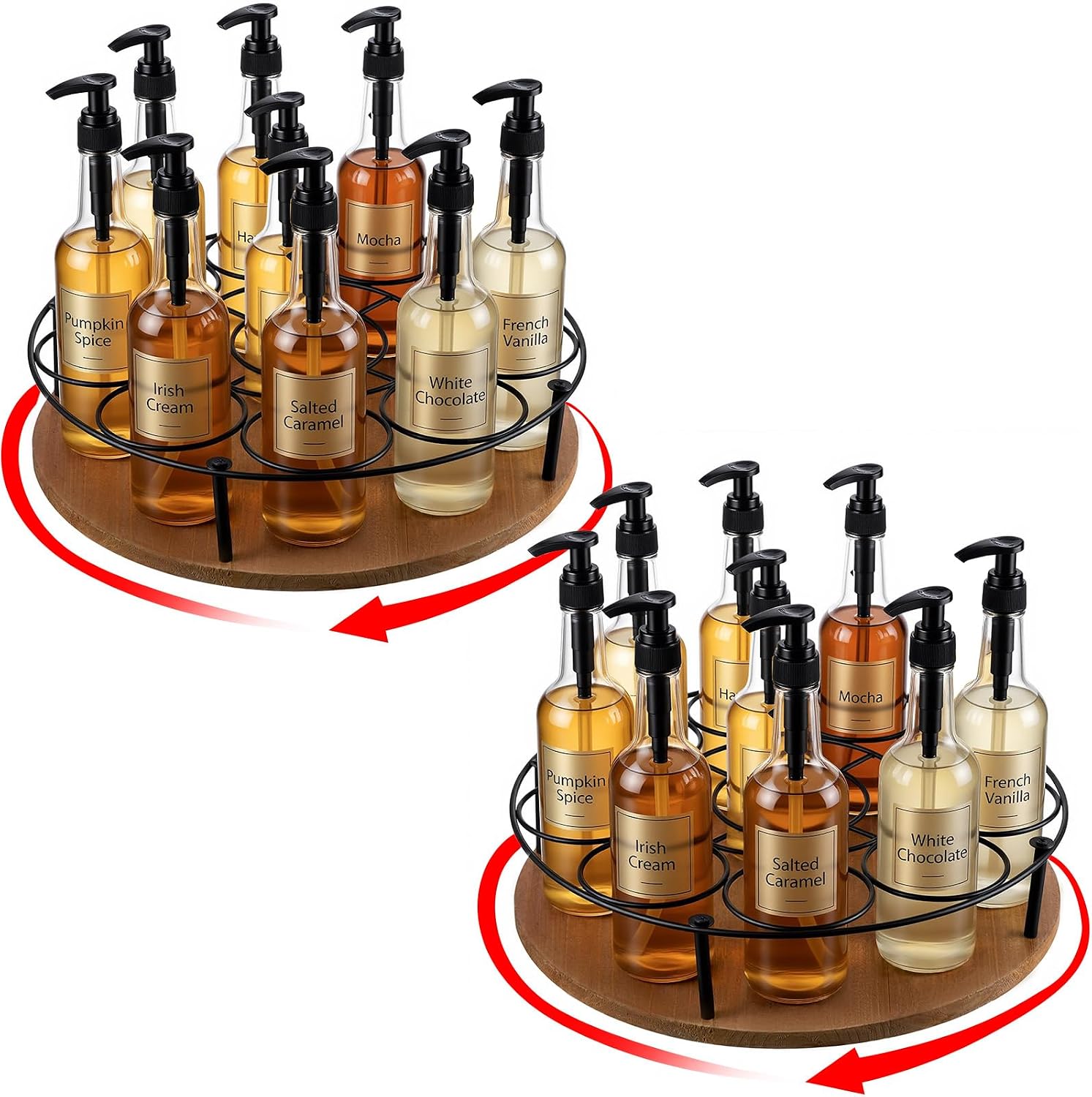 2 Pcs 9 Bottles Rotating Coffee Syrup Organizer, Large S Syrup Rack Carbon Steel Frame with Wooden Base Bottle Holder Stand for Coffee Bar Station, Turntable Wine Display Tray
