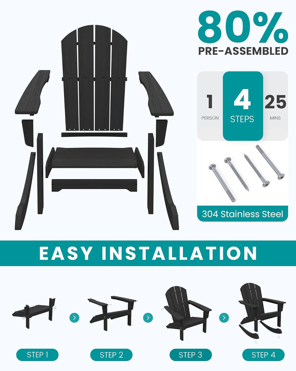 SERWALL Outdoor Adirondack Rocking Chairs Set of 2 with Pillows(500 PP Cotton Filling), All-Weather HDPE Adirondack Rocker Chair, Front Porch Rocker Chairs for Patio Lawn Porch Deck, Black