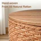 Round Nesting Coffee Table Set of 2 with Storage - Handwoven Wicker Rattan Ottoman Style, Boho Coastal Coffee Tables for Living Room, Rattan Coffee Table with Cover & Soild Wood Frame