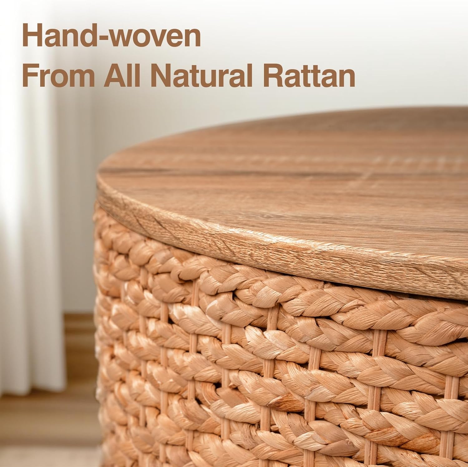 Round Nesting Coffee Table Set of 2 with Storage - Handwoven Wicker Rattan Ottoman Style, Boho Coastal Coffee Tables for Living Room, Rattan Coffee Table with Cover & Soild Wood Frame