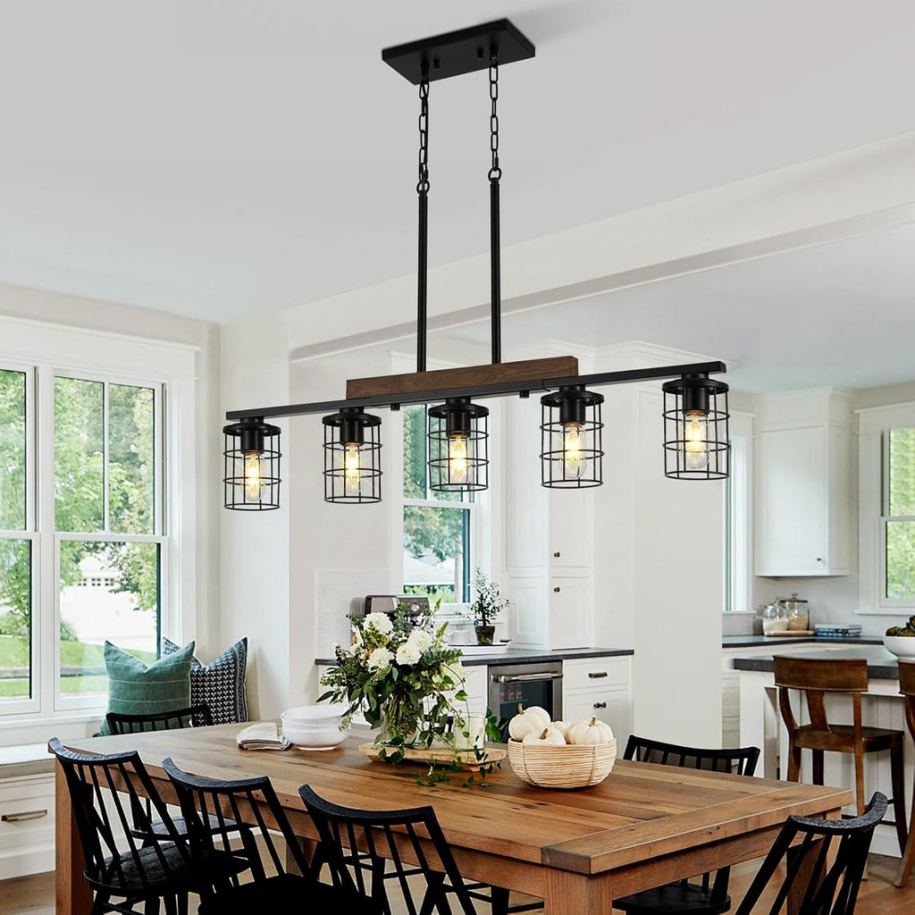 36" Farmhouse Kitchen Light Fixture, Black Hanging Kitchen Chandelier, 5-Light Rustic Dining Room Light Adjustable Height with Wood and Metal Frame, Suit for Farmhouse, Industrial Style