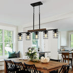 36" Farmhouse Kitchen Light Fixture, Black Hanging Kitchen Chandelier, 5-Light Rustic Dining Room Light Adjustable Height with Wood and Metal Frame, Suit for Farmhouse, Industrial Style