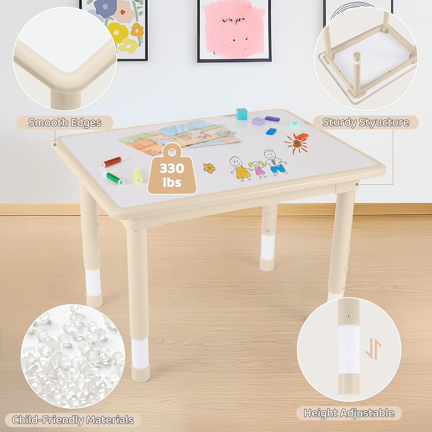 DOREROOM Kids Table and 4 Chairs Set, Height Adjustable (17.7"-26.1") Toddler Table and Chair Set, Multi-Activity Table with Graffiti Desktop, Children’s Table and Chairs for Classroom, Home & Daycare