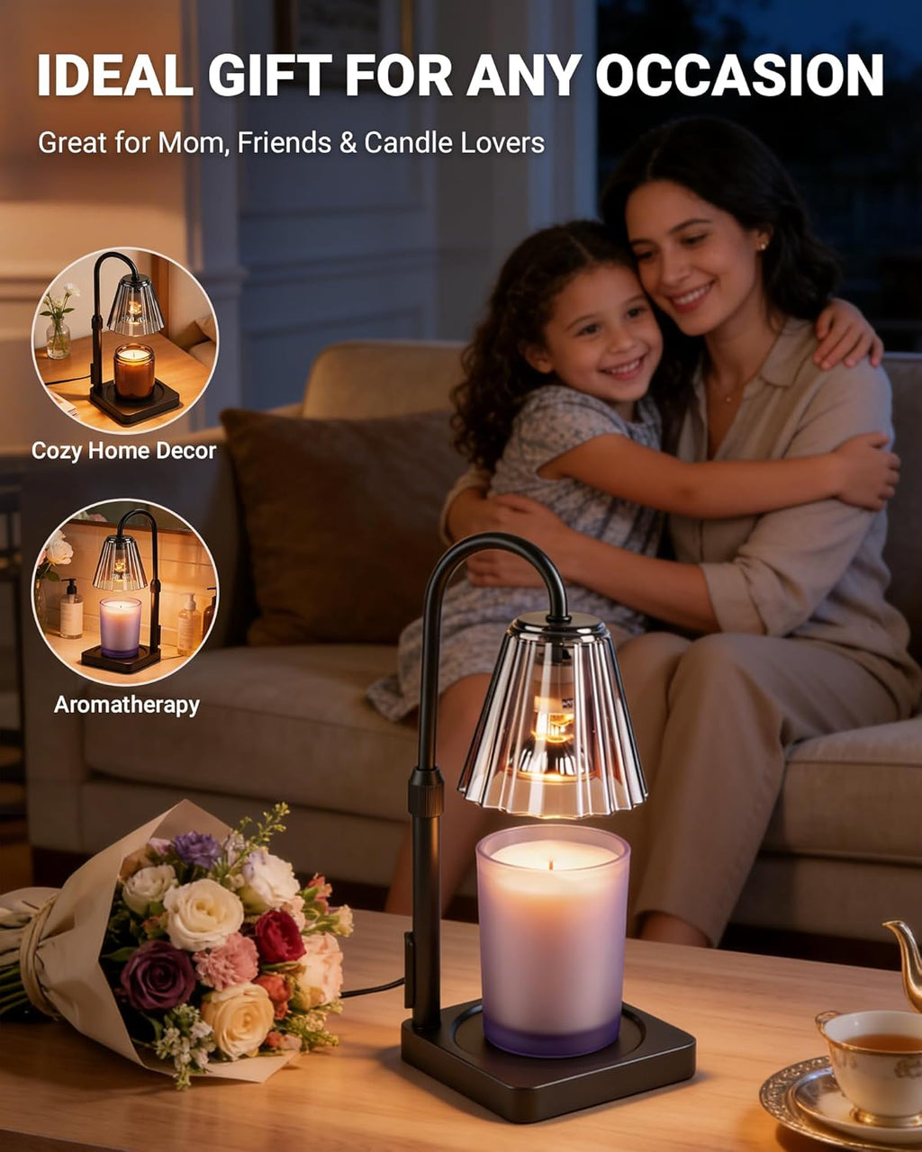 Candle Warmer Lamp with Timer, Dimmable Wax Melt Lamp for Jar Candles, Lightweight Polycarbonate (PC) Shade Lamps Adjustable Height, Modern Electric Warmer Home Decor, Gifts for Mom Fathers 2 Bulbs