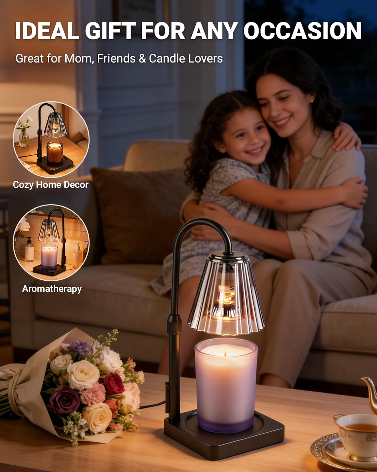 Candle Warmer Lamp with Timer, Dimmable Wax Melt Lamp for Jar Candles, Lightweight Polycarbonate (PC) Shade Lamps Adjustable Height, Modern Electric Warmer Home Decor, Gifts for Mom Fathers 2 Bulbs