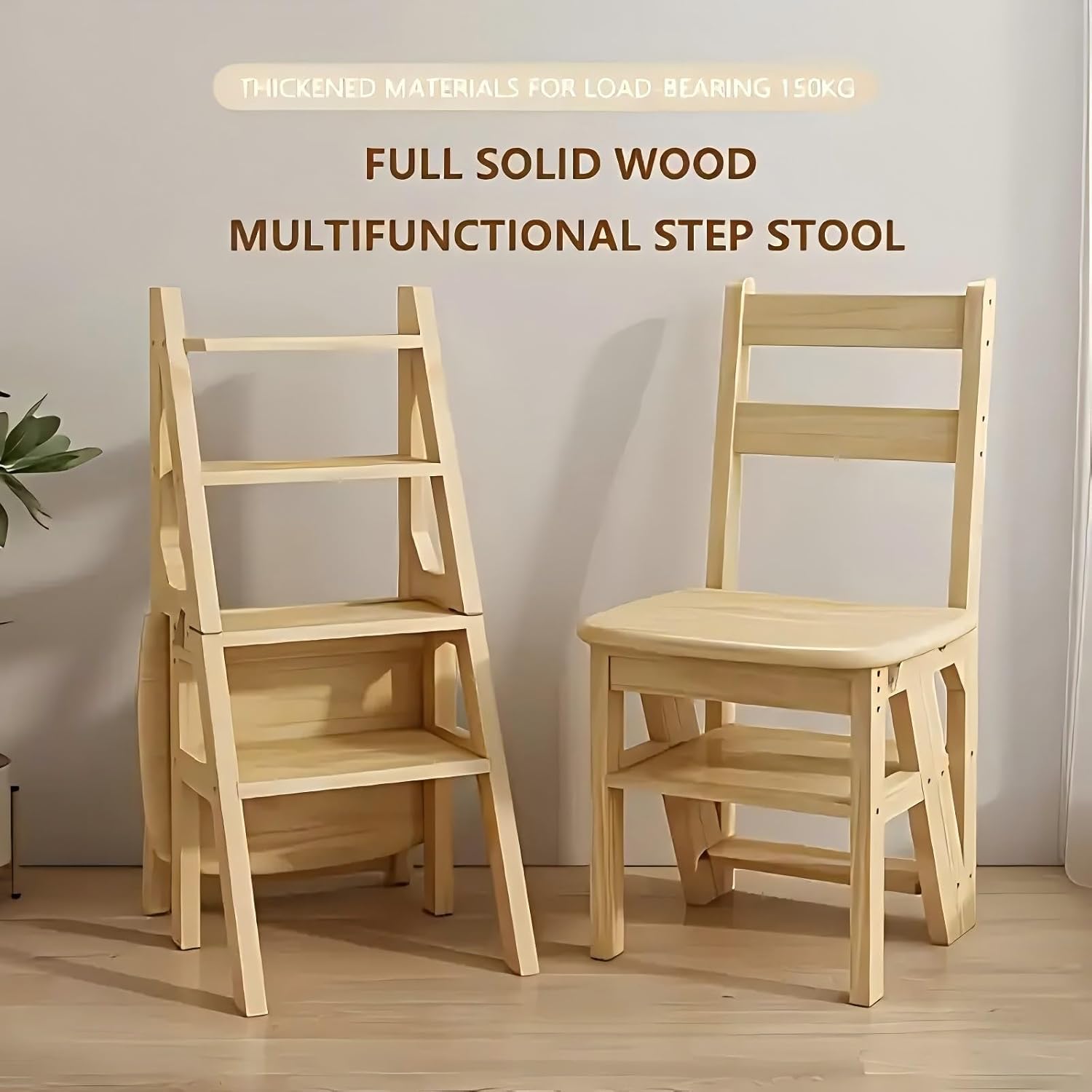 4 Tier Folding Step Ladder, 3-in-1 Wooden Folding Ladder Chair, Portable Multi-Function Step Stool, 198 lbs Capacity Indoor and Outdoor Display Rack Flower Rack,for Library,Home,Kitchen (Wood color)