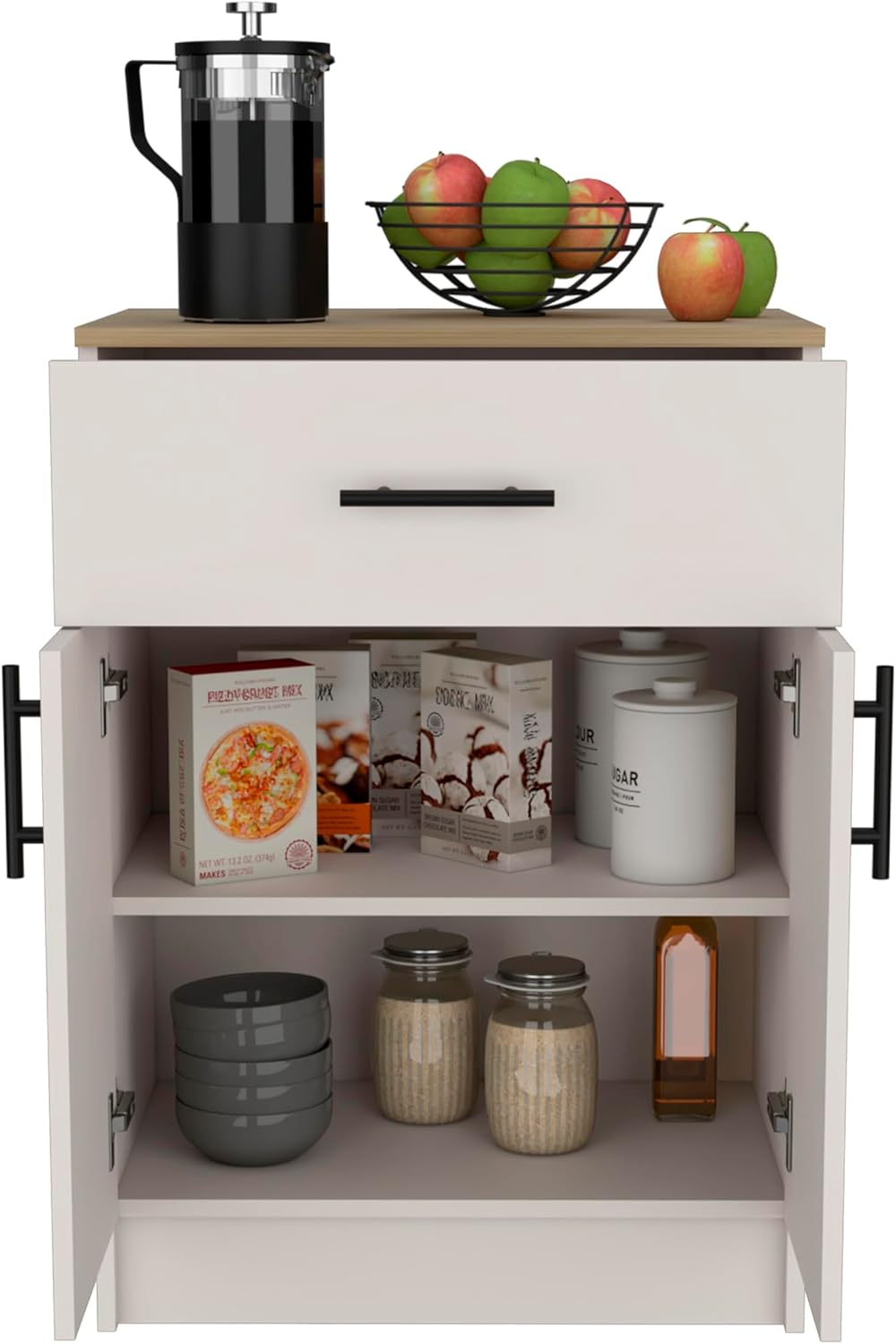Modern Kitchen Pantry, Storage Cabinet with Drawer, 2 Interior Shelves, Ivory, Particle Board, for Dining Room, Easy to Clean