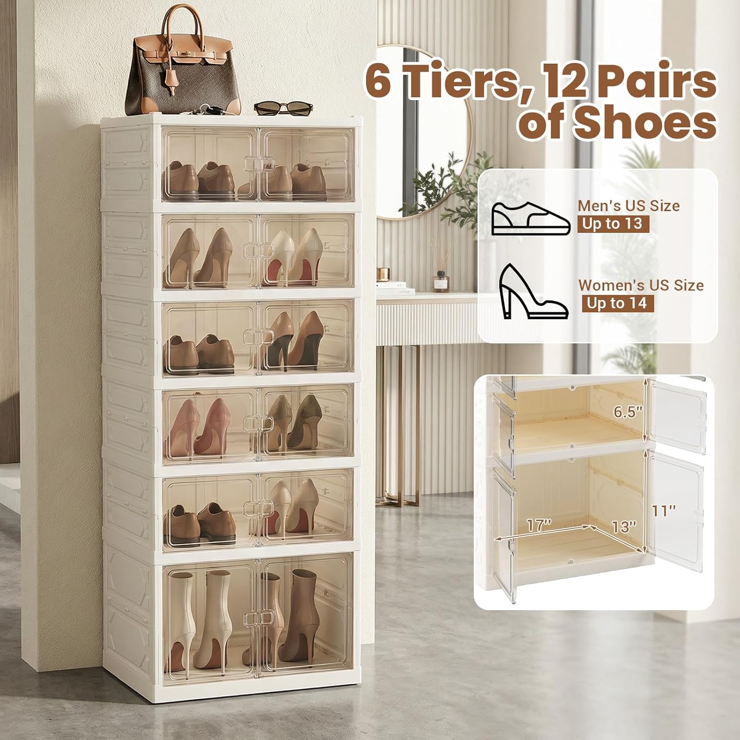 GOFLAME Foldable Shoe Rack Organizer, 6-Tier 12 Pairs Collapsible Shoe Cabinet with Magnetic Clear Doors, Portable Shoe Storage Box, Stackable Shoe Shelf for Closet, Entryway, Easy Assembly