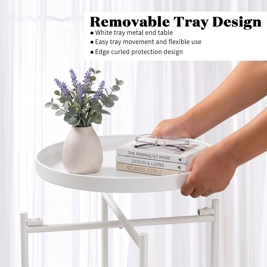 TeoKJ 2 Tier Round Side Table, Folding Round Metal End Table Small Nightstand with Two Removable Tray for Bedroom Living Room Bedside Small Spaces White