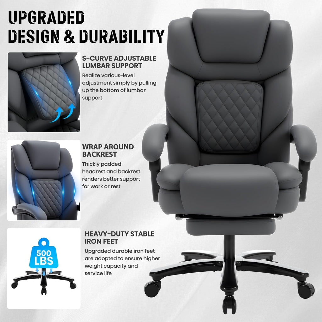 Reclining Office Desk Chair with Footrest Wide Seat Heavy Duty Desk Chair with Lumbar Support, 500lb Faux Leather Big Tall Office Chair with Leg Rest, Grey