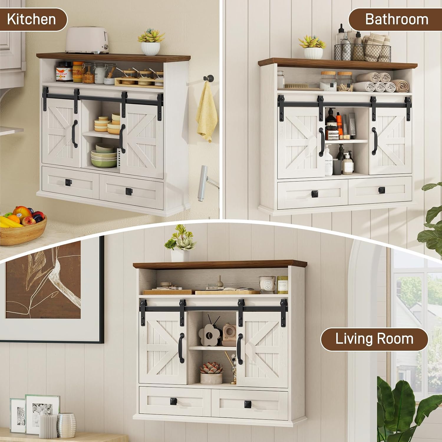 Vabches Bathroom Wall Cabinet, Farmhouse Medicine Cabinet with Sliding Door | Vintage Storage Cabinet Wall Mounted with Storage Drawer and Removable Divider for Bathroom, Kitchen, Rustic White and Brown