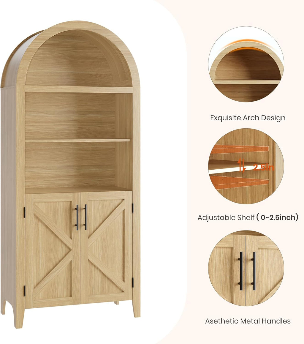 IDEALHOUSE Arched Kitchen Pantry Cabinet with Doors, 5-Tier Wooden Display Cabinet with Adjustable Shelf, Farmhouse Storage Organizer for Kitchen, Dining Room, Living Room, Home Office, Natural