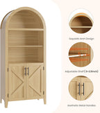 IDEALHOUSE Arched Kitchen Pantry Cabinet with Doors, 5-Tier Wooden Display Cabinet with Adjustable Shelf, Farmhouse Storage Organizer for Kitchen, Dining Room, Living Room, Home Office, Natural