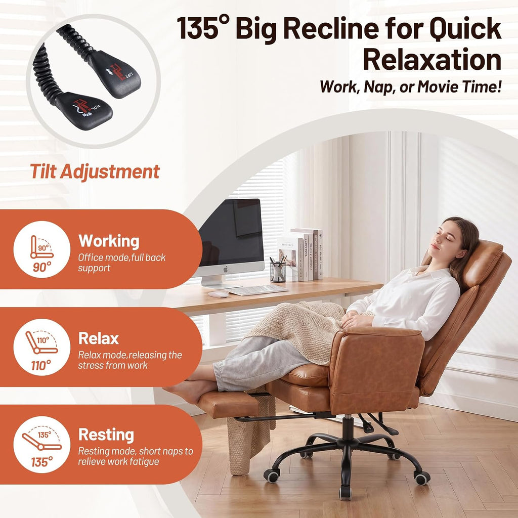 Furniliving Big and Tall Office Chair, Ergonomic Computer Desk Chair with Footrest, Wide Seat Reclining Gaming Chair, Flip Armrests for Cross Legged Sitting, Heavy Duty Support up to 400LBS, PU, Brown