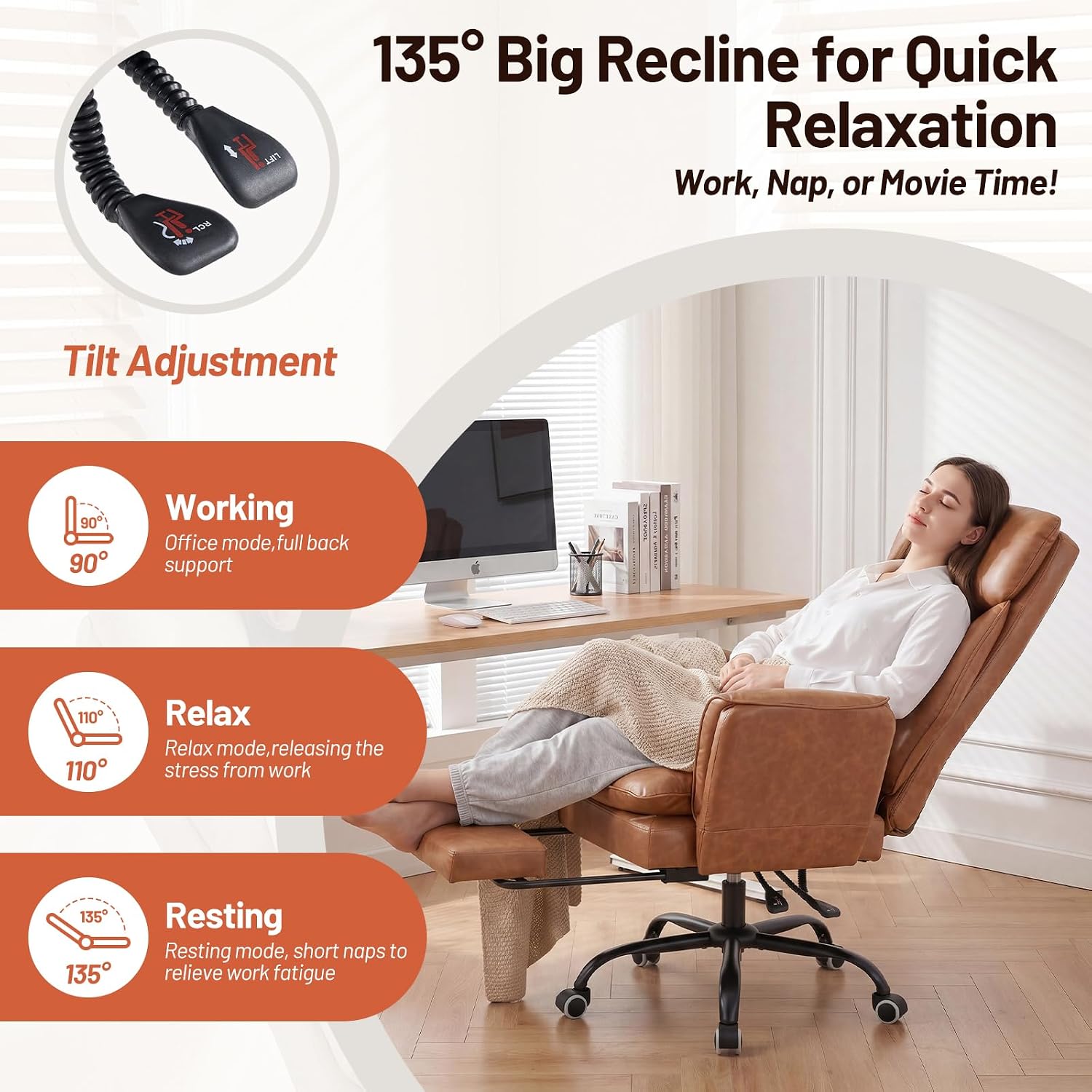 Furniliving Big and Tall Office Chair, Ergonomic Computer Desk Chair with Footrest, Wide Seat Reclining Gaming Chair, Flip Armrests for Cross Legged Sitting, Heavy Duty Support up to 400LBS, PU, Brown