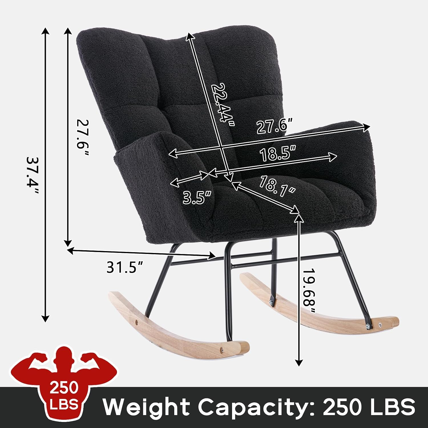 Modern Nursery Rocking Chair, Upholstered Glider Chair with High Backrest, Rocker Accent Armchair with Solid Wood Legs for Nursery Bedroom Living Room (Black Teddy)