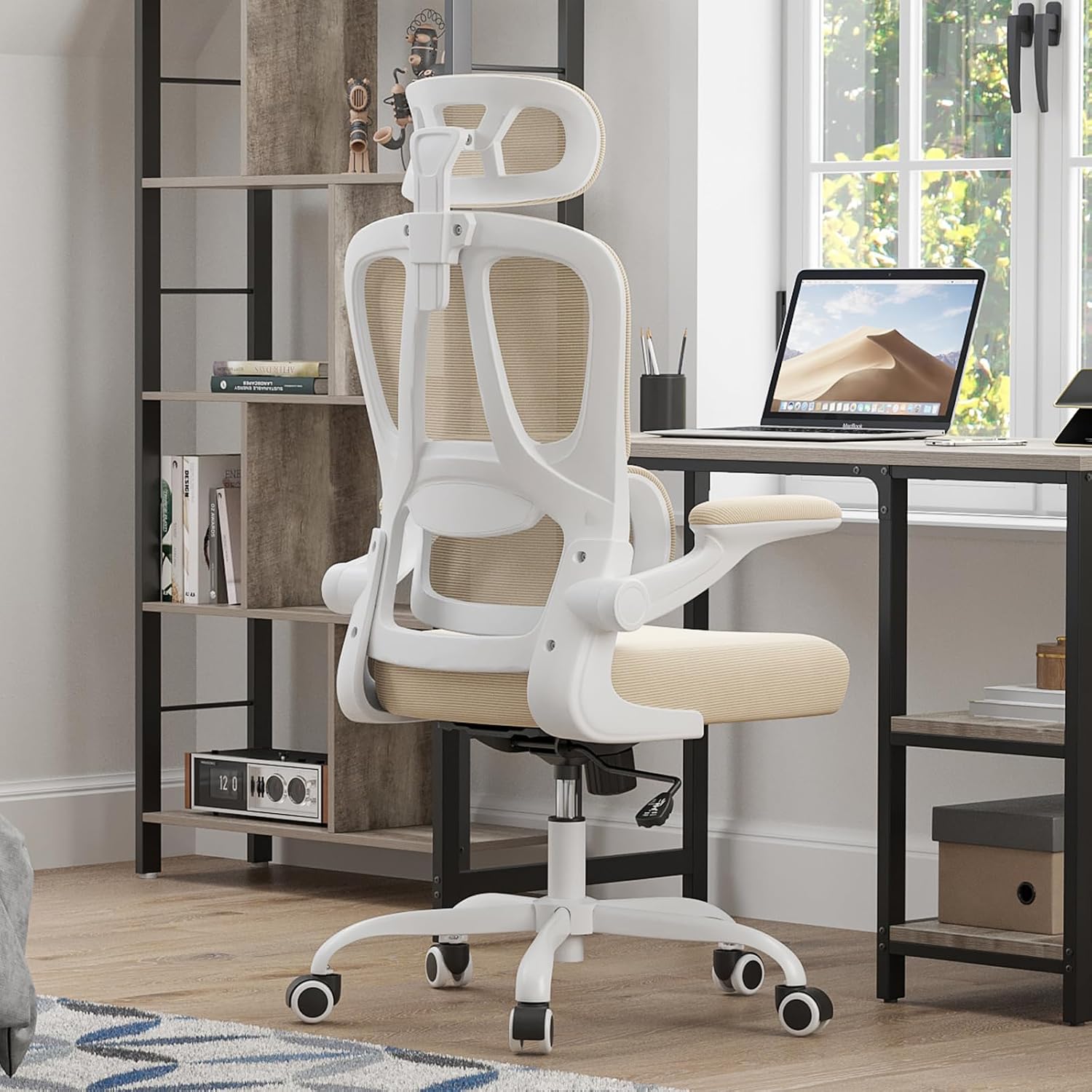 Ergonomic Office Chair with Lumbar Support and Headrest, High Back Mesh Desk Chair with Flip-Up Armrests, 350lbs Capacity Swivel Computer Chair for Home Office, Bedroom (Khaki + White)