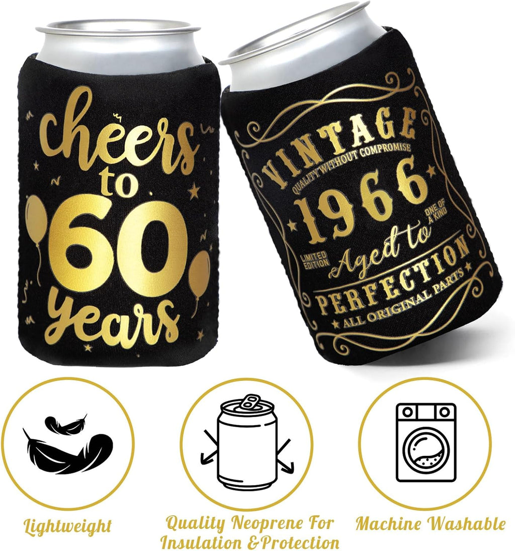 12Pack 60th Vintage Birthday Can Sleeves, Cheers to 60 Years Vintage 1966 60th Party Favor Decorations, Black and Gold Neoprene Soda Can Beverage Cooler Holder Sleeves for Sixty Year Old