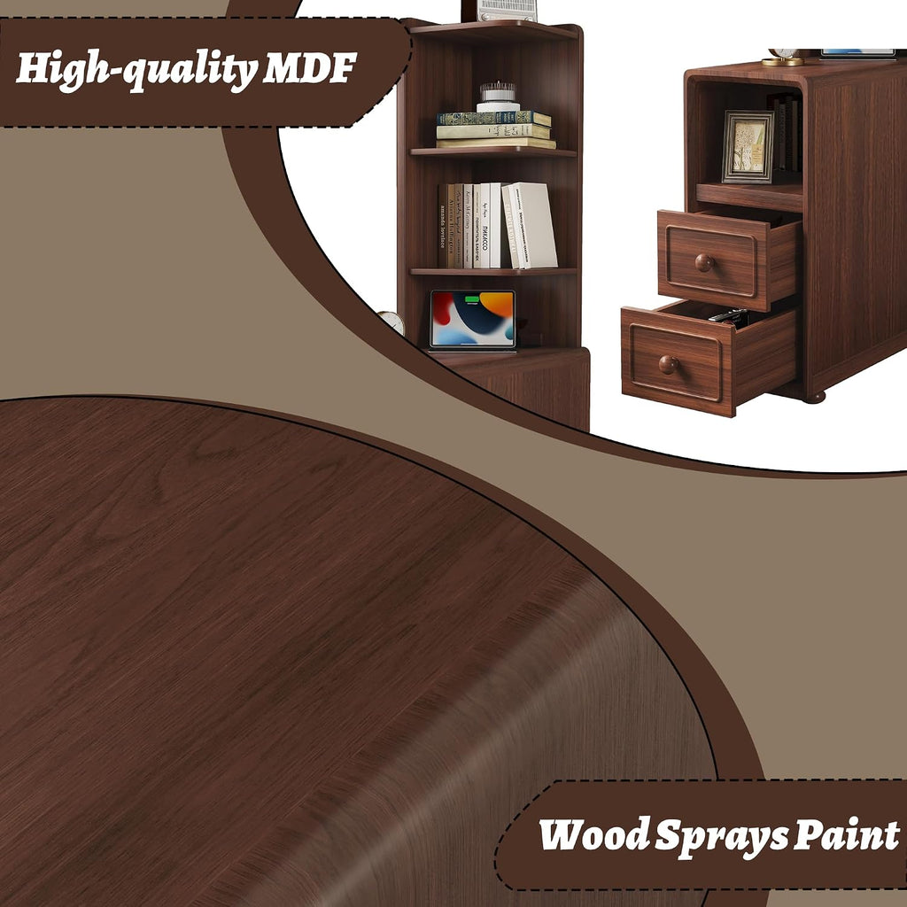 Tall Side Table Fully Assembled End Tables with Charging Station, 47 Inch High Nightstand Bed Side Table with Storage for Living Room & Bed Room, Just Need to Install Legs and Upper Shelves (Walnut)