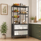 Kitchen Baker's Rack, Microwave Stand with Flip-up PC Doors, Freestanding Open Storage Shelves on Wheels, for Dining Room and Living Room, 31.4"x 12.6"x57.1"