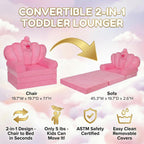 Pink Princess Toddler Couch, 2-in-1 Foldable Sofa Bed & Chair for Kids 1-5, Space-Saving for Small Rooms, Fits Multiple Spaces, Flexible Layout, Comfy Crystal Velvet, Playroom Gift