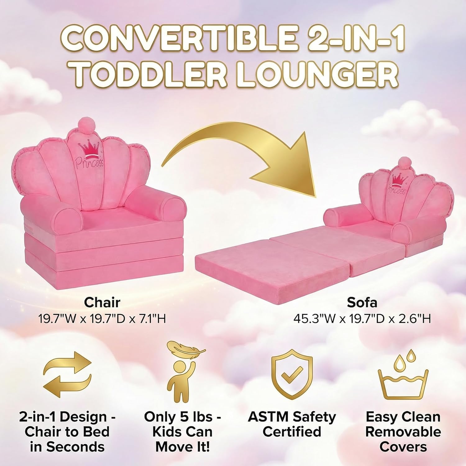 Pink Princess Toddler Couch, 2-in-1 Foldable Sofa Bed & Chair for Kids 1-5, Space-Saving for Small Rooms, Fits Multiple Spaces, Flexible Layout, Comfy Crystal Velvet, Playroom Gift