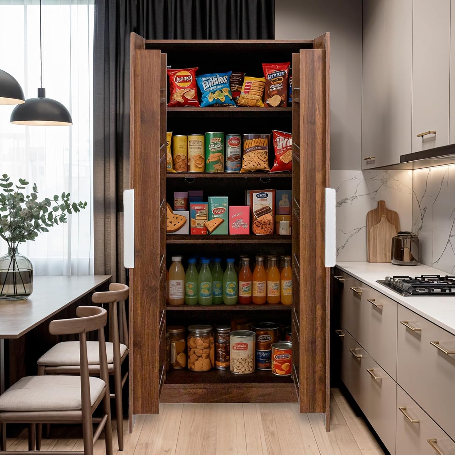 62.99'' Walnut Kitchen Pantry Cabinet Tall Freestanding Pantry Storage Cabinet with Doors and Shelves Buffet Cupboards Sideboard Tall Kitchen Pantry Storage Cabinets Food Pantry for Living Room