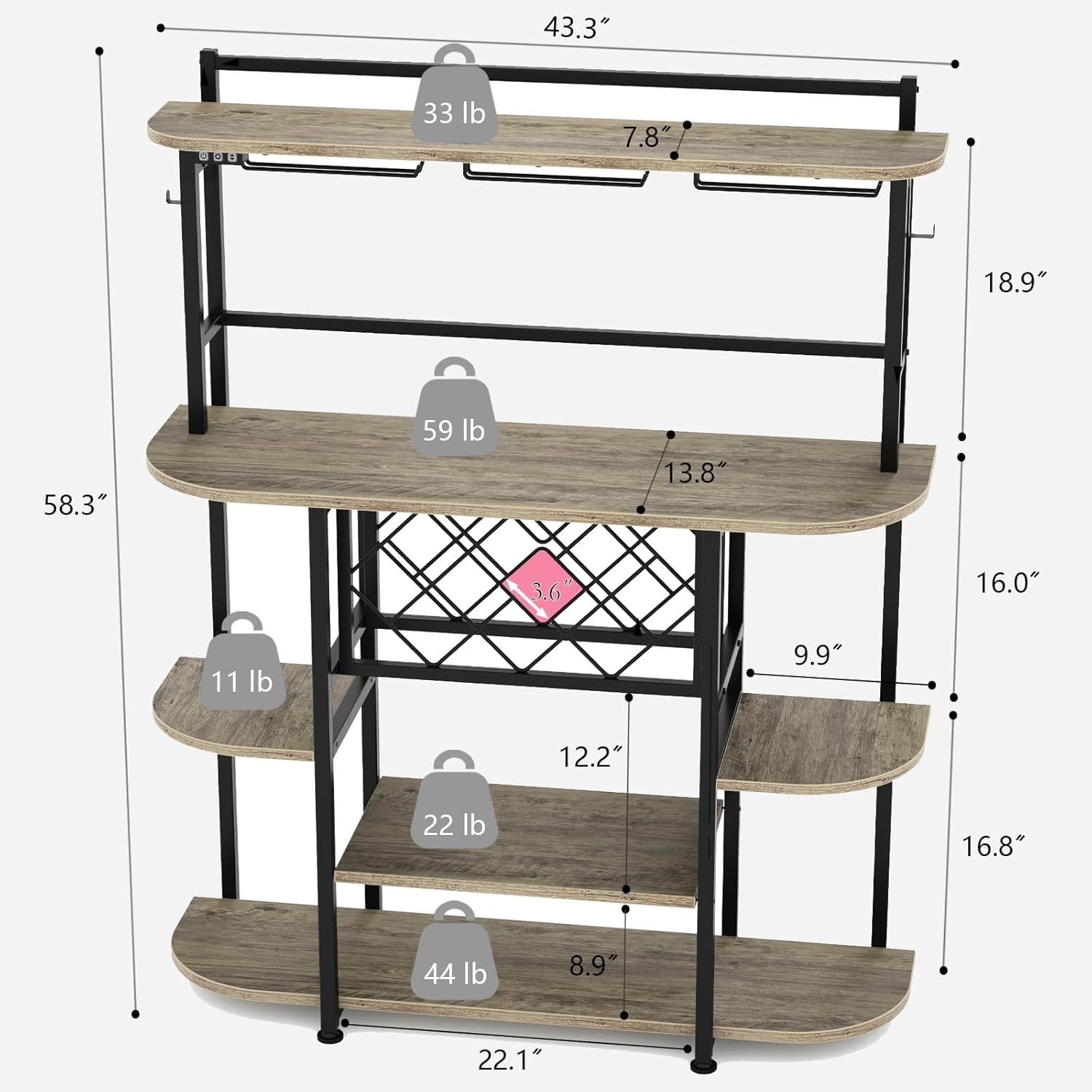 ROCHECASA Wine Rack with LED Light, Bar Table Cabinet with Glass Holder, Freestanding Coffee Bar Storage Shelves, 6-Tier Liquor Cabinet for Kitchen, Dining Room, Living Room,Grey 43.3"