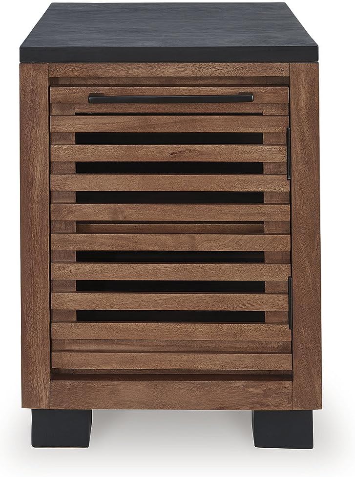Signature Design by Ashley Kallari Industrial Chairside End Table with Cabinet and Shelf, Dark Brown & Black