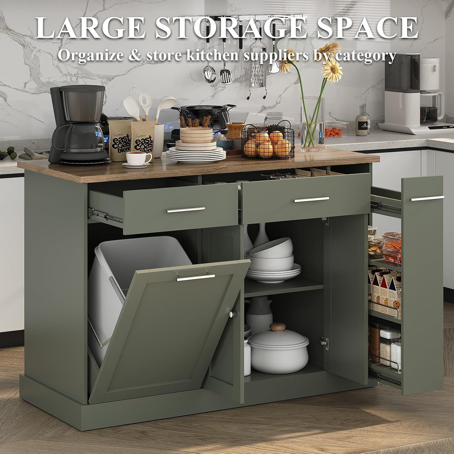 4 EVER WINNER 53" Kitchen Island with Storage, Rolling Kitchen Island with 3-Large Spice Racks and Trash can, Portable Island for Kitchen with Adjustable Shelves, Green
