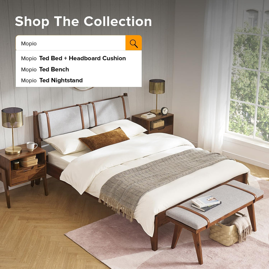 mopio Ted Mid-Century Modern End of Bed Wood Bench, Entryway Shoe Bench with Removable Fabric Cushion for Bedroom, Indoor Dining Room, Hallway, Supported with Acacia Solid Wood Legs Extra Sturdy