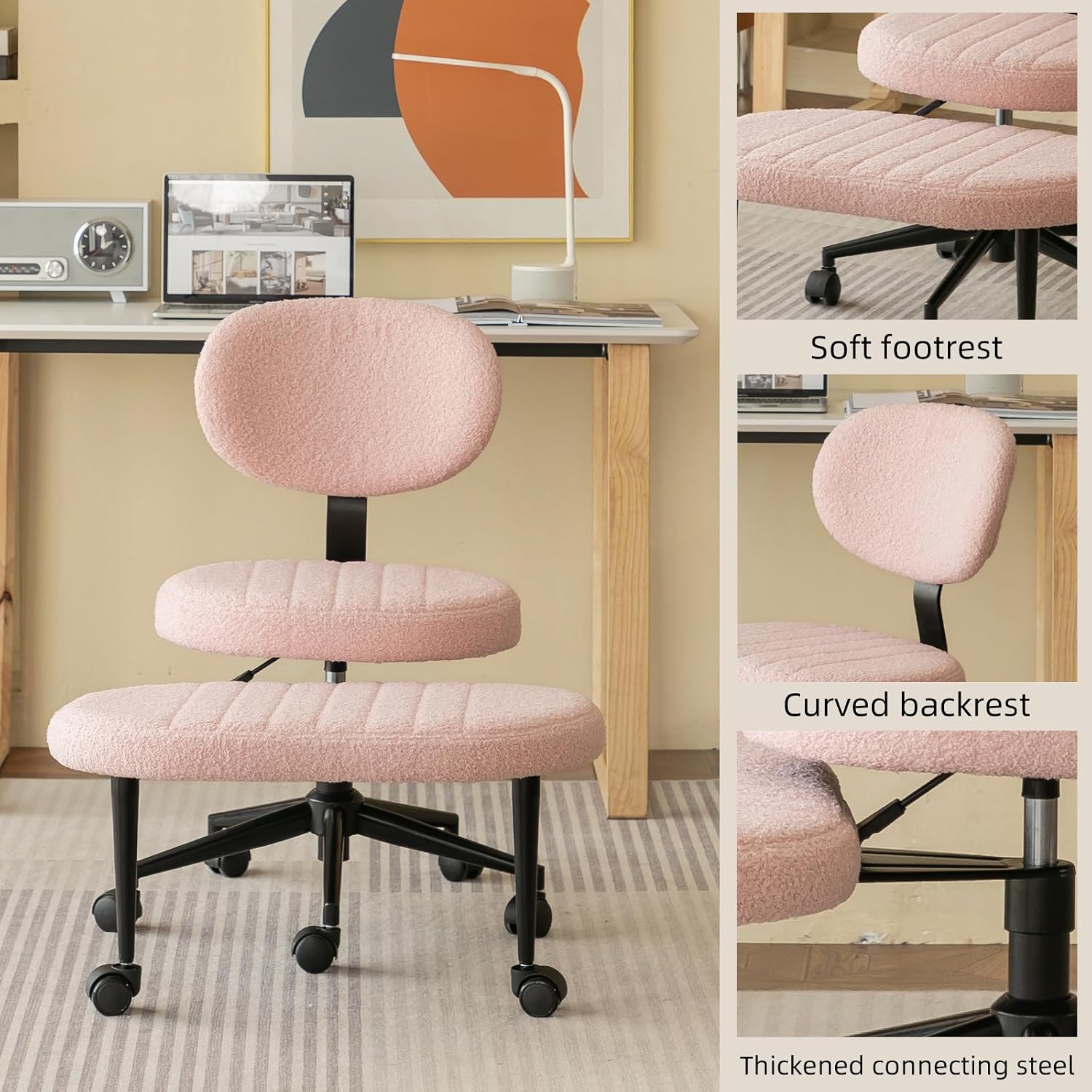 Ergonomic Cross Legged Office Chair with ADHD Chair, Height Adjustable Meditation Chair with 360° Swivel Footstool, with Lumbar Support, Kneeling Chair Yoga Stool for Home Office (Pink- Velvet)