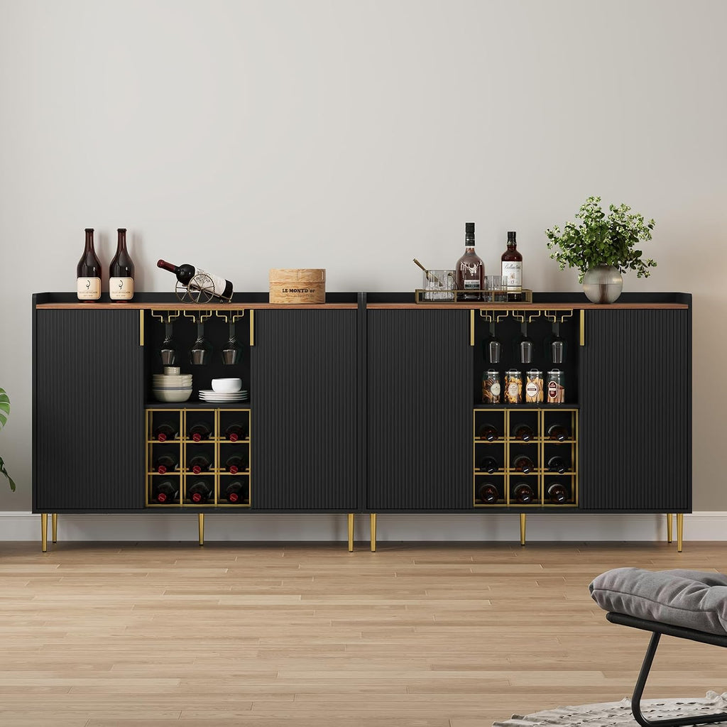 ARTPOWER 48" Wine Bar Cabinet with Fluted Texture, Modern Buffet Sideboard with Wine Rack and Glass Holder, Liquor Coffee Station with Storage for Kitchen, Living Room, Home Bar, Black