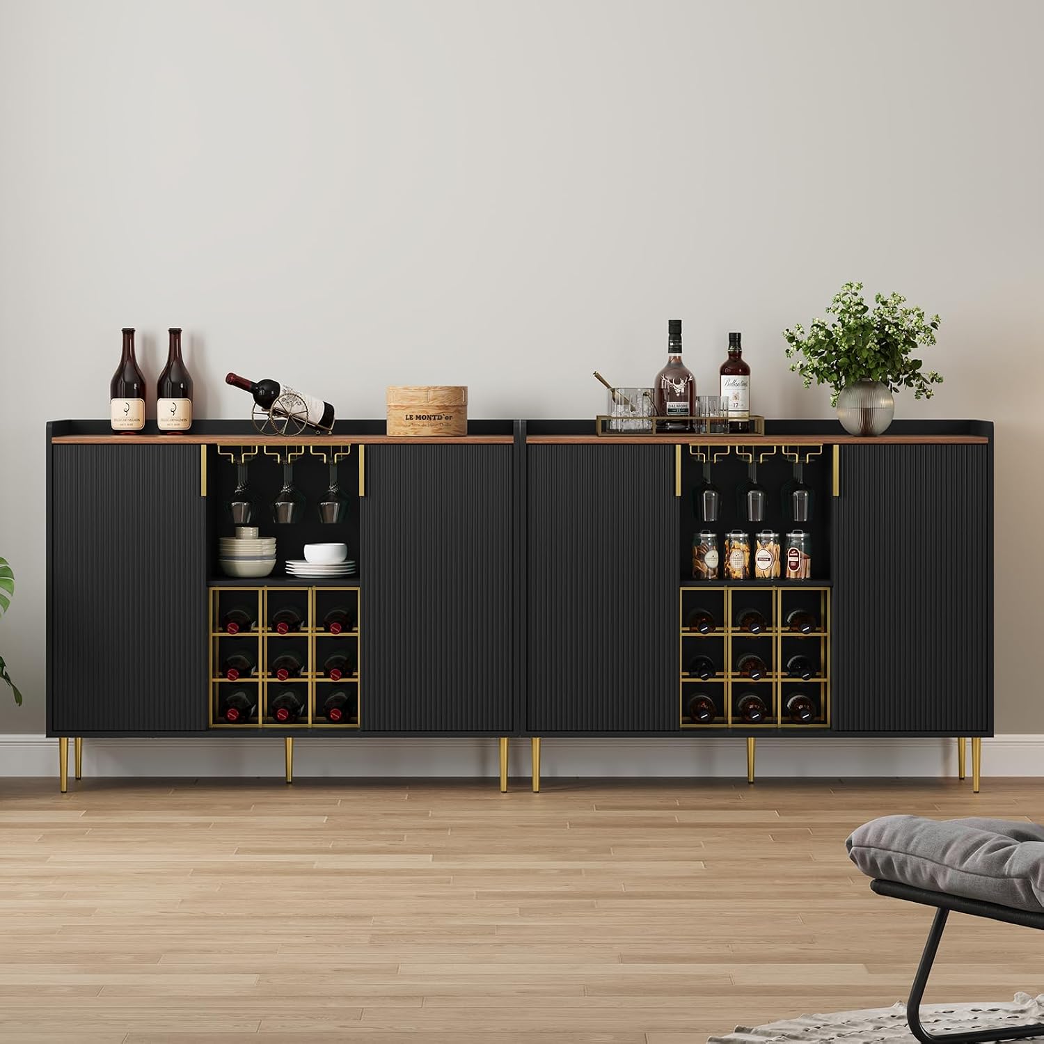 ARTPOWER 48" Wine Bar Cabinet with Fluted Texture, Modern Buffet Sideboard with Wine Rack and Glass Holder, Liquor Coffee Station with Storage for Kitchen, Living Room, Home Bar, Black
