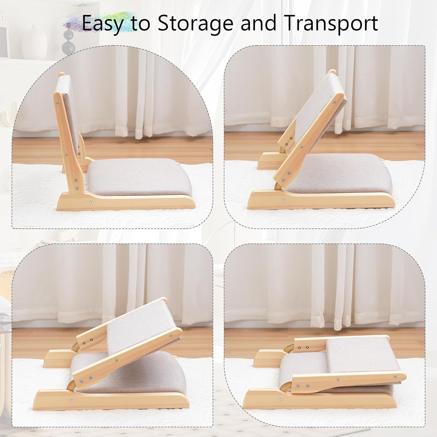 Japanese Floor Chair with Back Support, Foldable Meditation Chair, Legless Tatami Chair with Cushion, Floor Seat for Living Room, Bedroom, Bay Window (1, Gray)