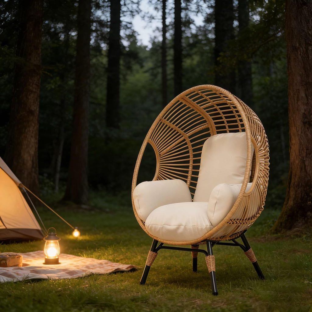 Wicker Egg Chair Indoor Outdoor, 400lbs Capacity, Pill-Resistant Fabric, Removable Cover Balcony Chairs(Natural)