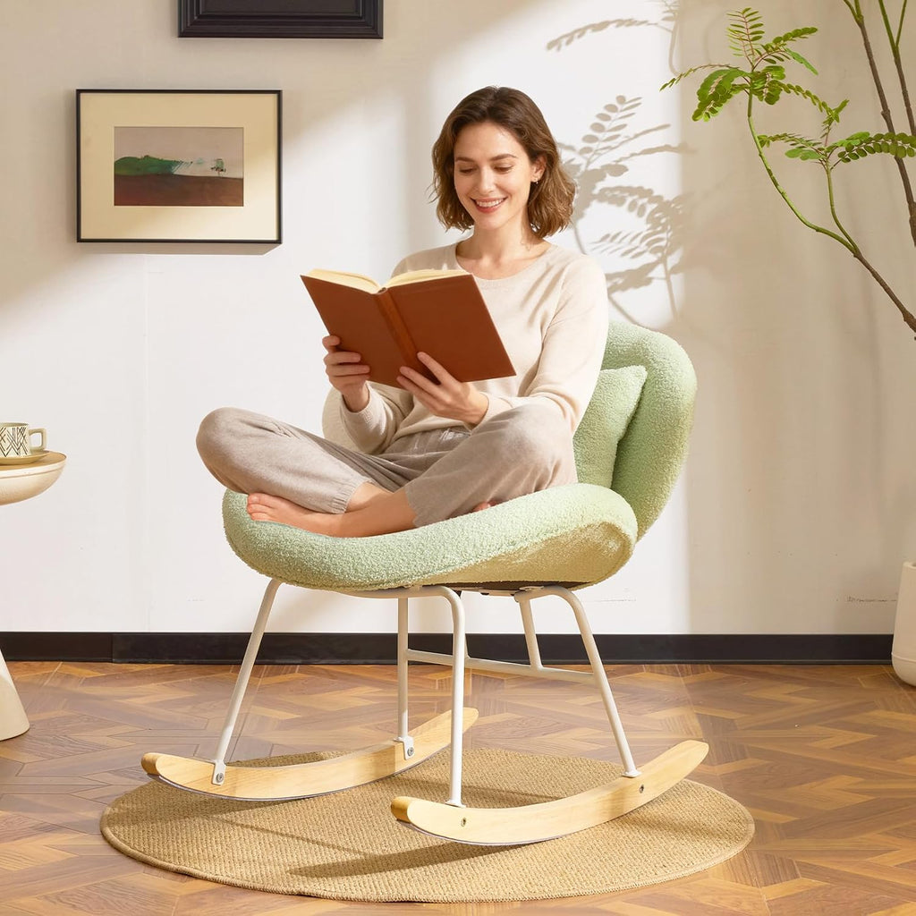 VINGLI 25.6" Extra Wide Criss Cross Nursery Rocking Chair,Cute Curved 115° Reclining Armless Glider,Teddy Small Rocker w/Pillow & Solid Wood for Indoor,Bedroom, Living Room,Teddy Fleece,Seafoam Green