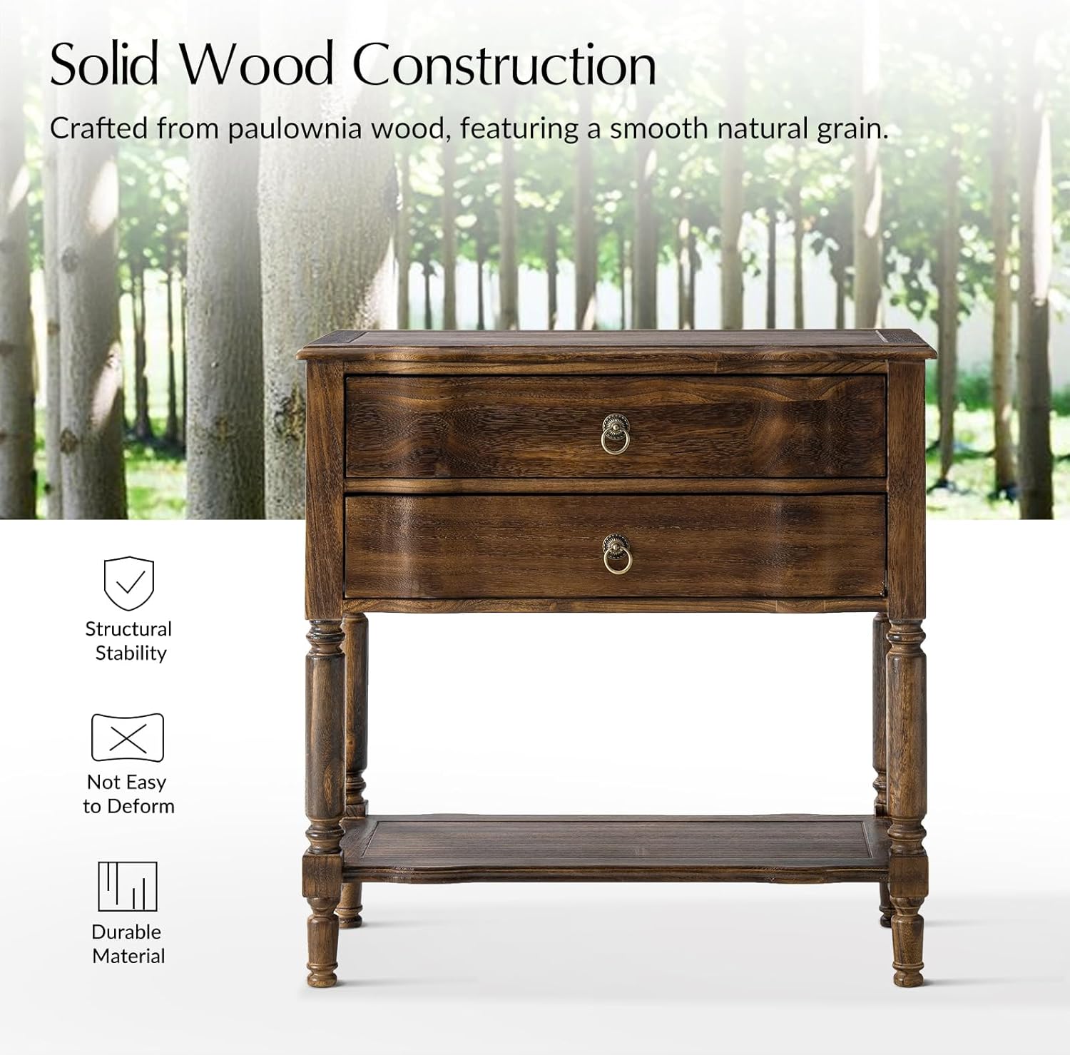 HULALA HOME End Table with Charging Station, Solid Wood Side Table with 2 Drawers & Open Shelf, Vintage Finish, Spindle Legs(Walnut)