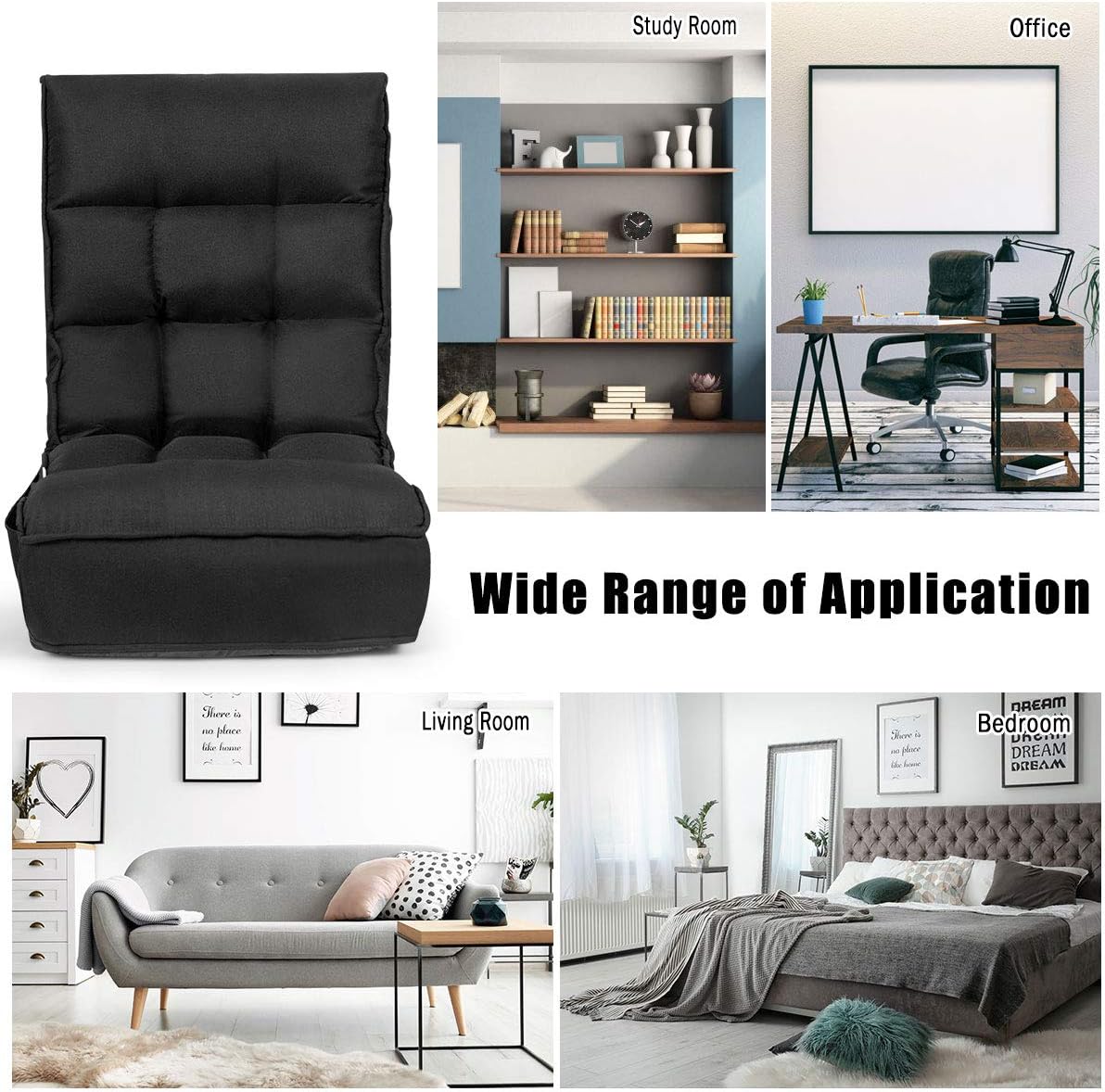 DORTALA Foldable Floor Chair for Adults, Memory Foam Gaming Chair w/ 5-Position Adjustable Head and Back Support, Indoor Seat for Bedroom, Living Room, Gaming Room, Black