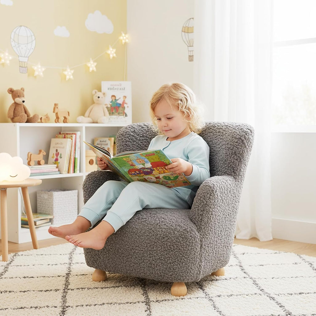 HONEY JOY Toddler Couch, Comfy Kids Chair w/Solid Wooden Frame & Sherpa Fabric, Upholstered Armchair Preschool Furniture, Baby Couch for Playroom, Kids Sofa for Girls Boys (Grey)