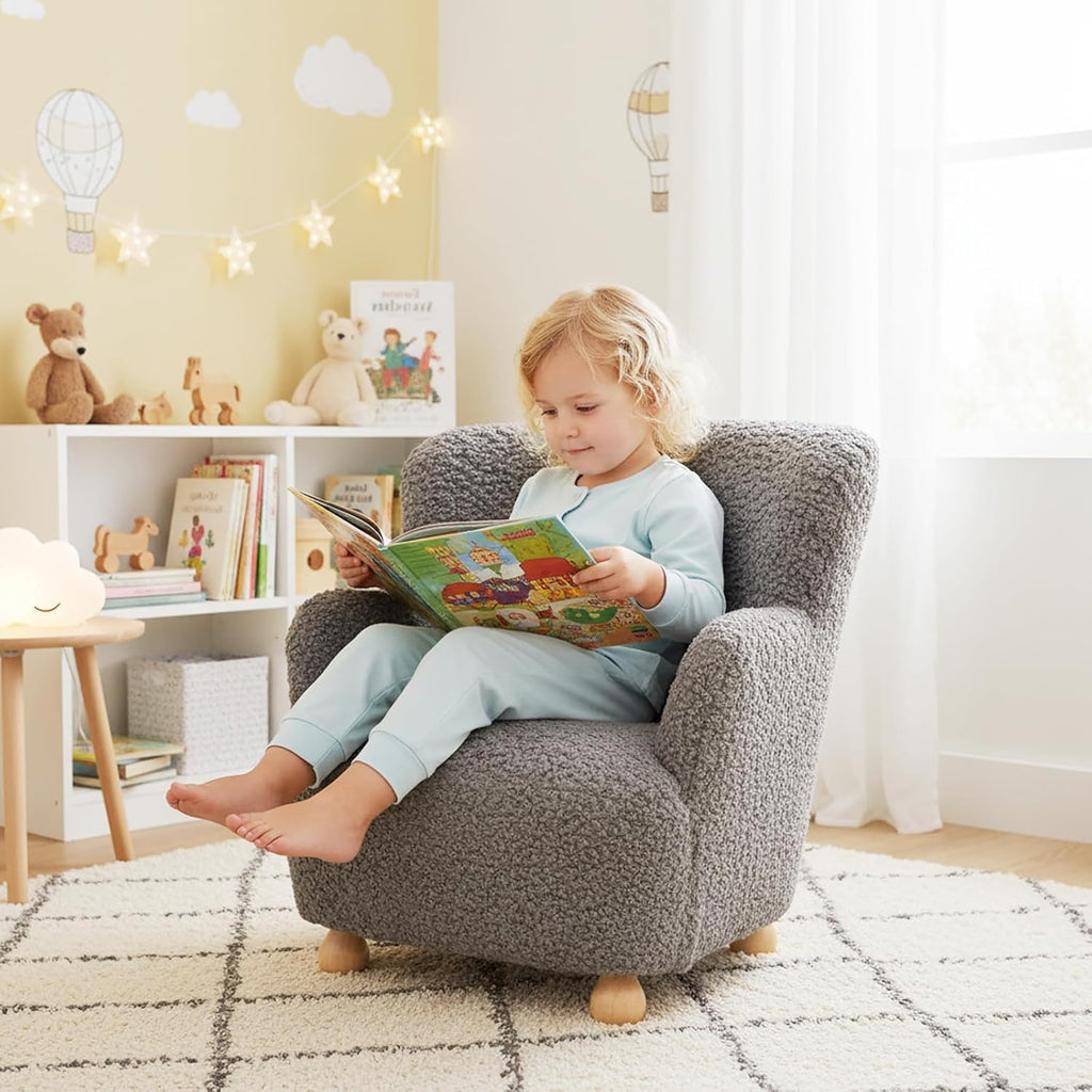 KOTEK Comfy Toddler Chair, Sherpa Kids Armchair with Rubber Wood Legs, Children Reading Chair for Boys & Girls, Upholstered Kids Sofa for Playroom Bedroom Nursery (Grey)
