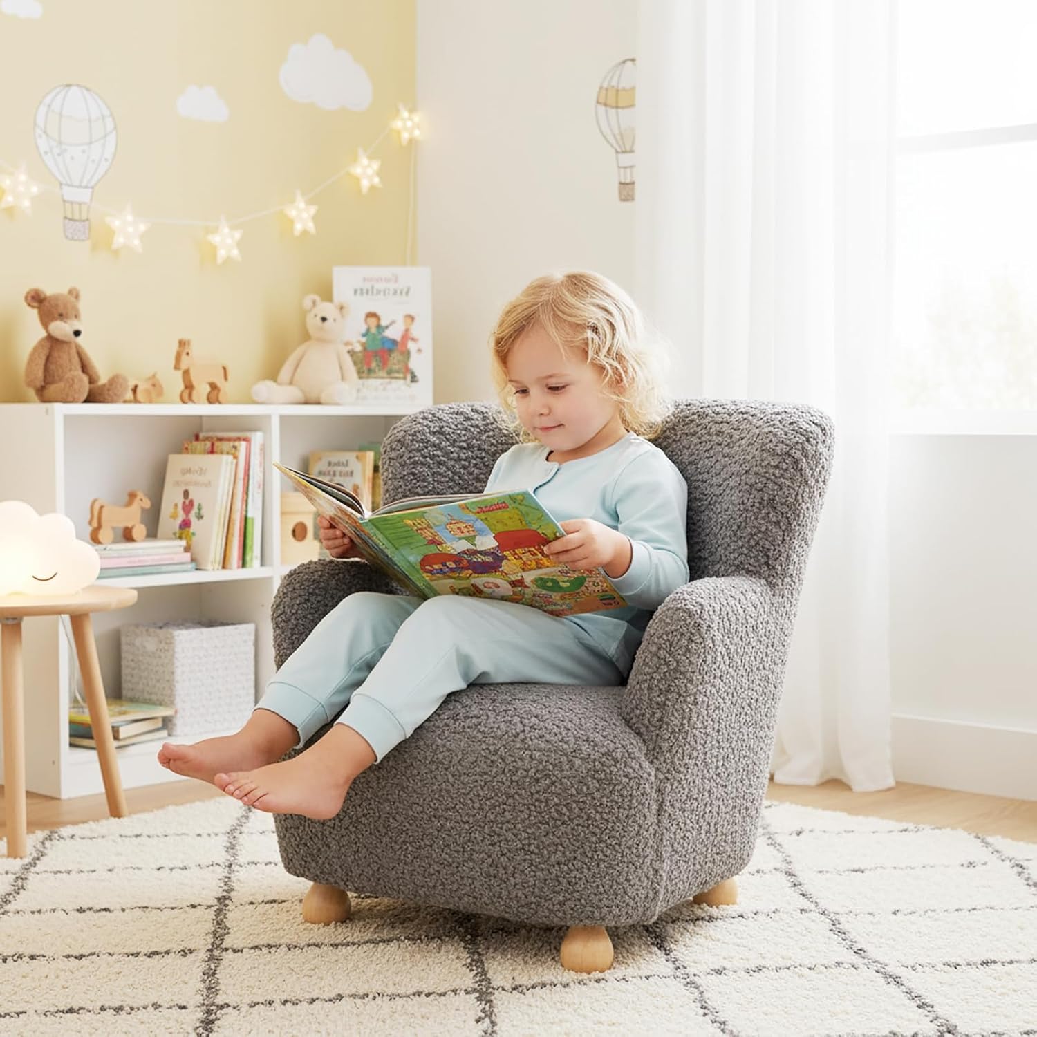 KOTEK Comfy Toddler Chair, Sherpa Kids Armchair with Rubber Wood Legs, Children Reading Chair for Boys & Girls, Upholstered Kids Sofa for Playroom Bedroom Nursery (Grey)