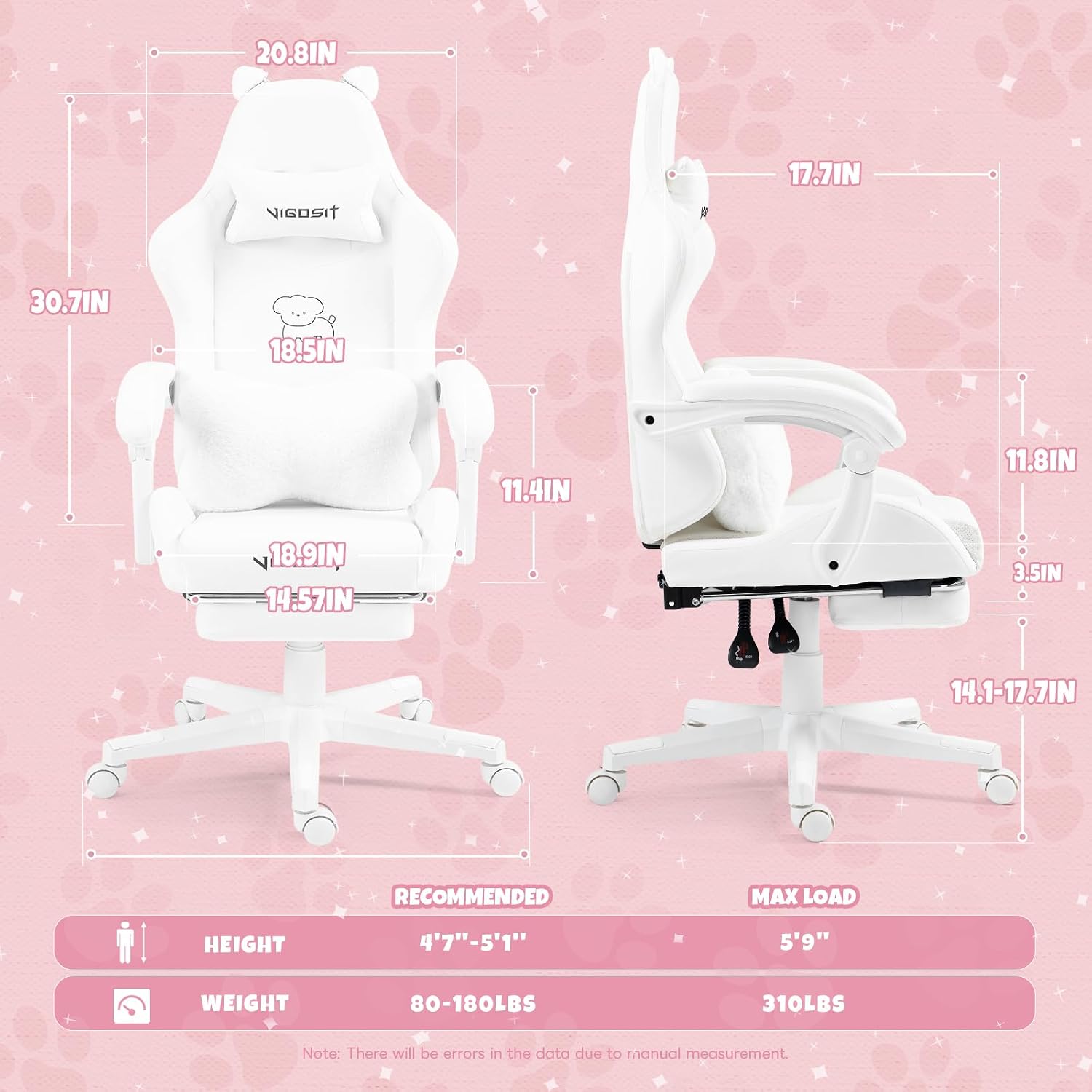 Vigosit White Dog Gaming Chair - Kawaii Design for Competitive Gamers & Adults, Ergonomic High Back with Lumbar Support, 310lbs Capacity
