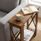 Slim Side Table, 6.6 Inch Ultra Narrow End Table with 2 Tier Storage, X-Frame Small Accent Table for Small Spaces, Gap Solution for Couch, Sofa and Living Room, Rustic Brown