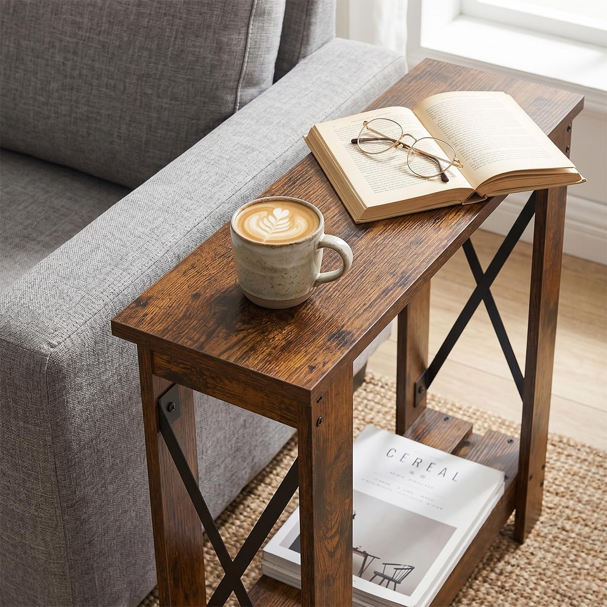 Slim Side Table, 6.6 Inch Ultra Narrow End Table with 2 Tier Storage, X-Frame Small Accent Table for Small Spaces, Gap Solution for Couch, Sofa and Living Room, Rustic Brown